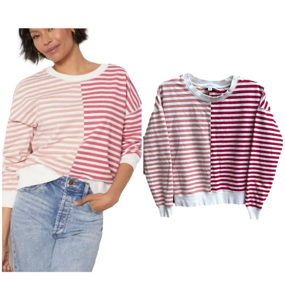 Evereve Red and Pink Rose Tyla Striped Pullover Sweatshirt XS Oversized Boxy - Picture 2 of 7